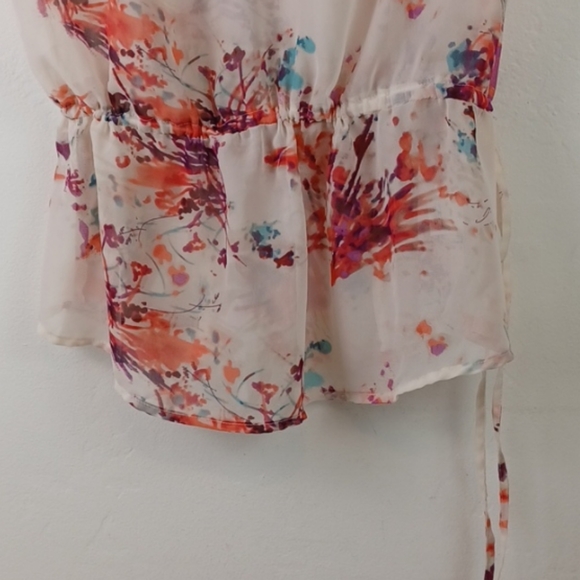 a.n.a. Sheer White Floral Drawstring-Waist Dainty Romantic Cap Sleeve Blouse (M) - Picture 5 of 11